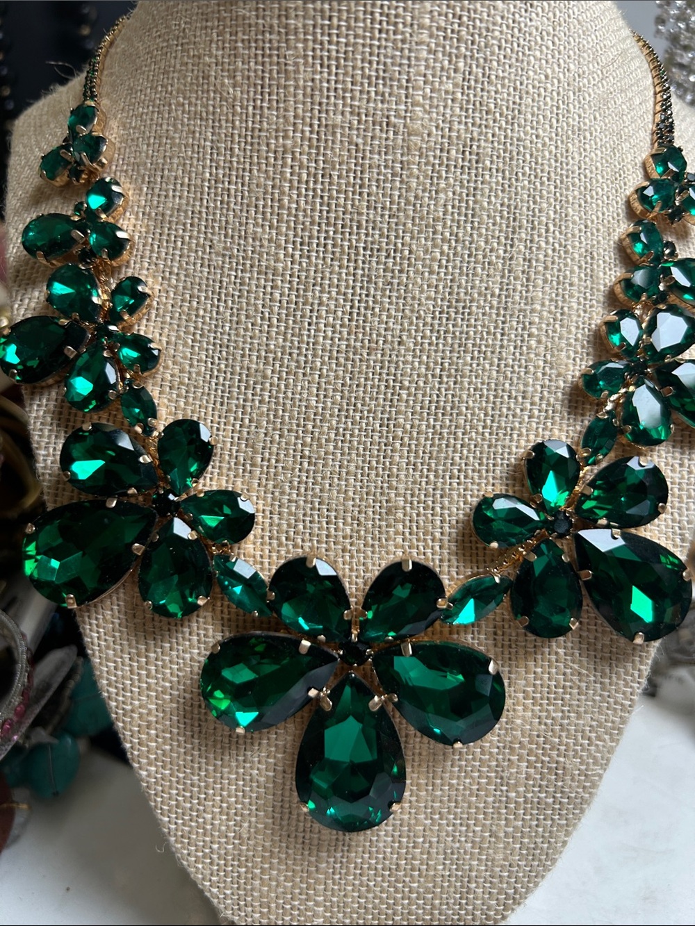 Emerald Teardrop Statement Necklace - Green Floral Bib
